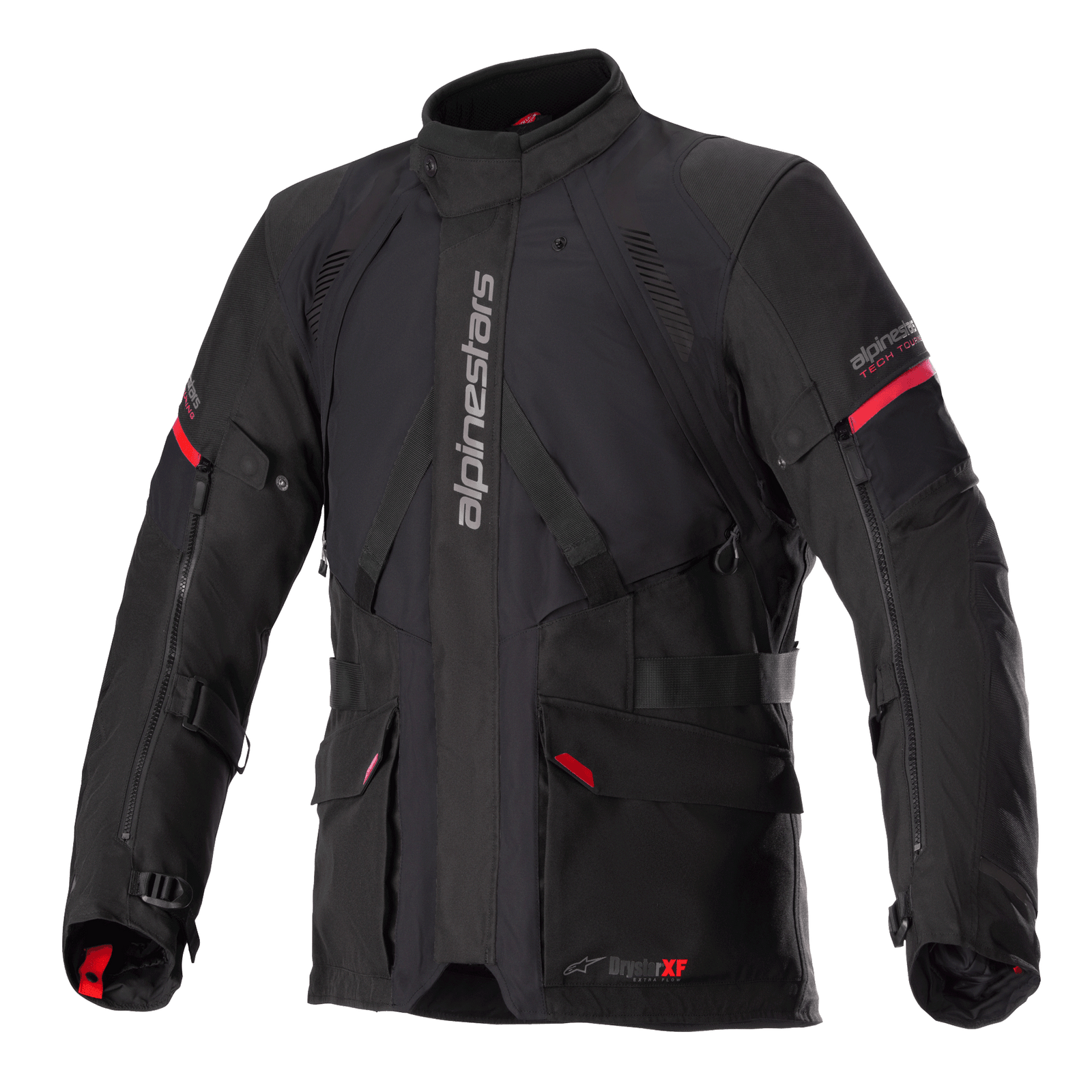 Alpinestars Monteira Drystar XF Jacket, Black and Bright Red, Adventure touring motorcycle jacket, waterproof laminated construction, featuring multiple utility pockets and adjustable straps, durable textile for all-weather protection
