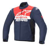 Alpinestars Honda SMX Waterproof Softshell Jacket, Motorcycle Jacket, Night Navy, Black, and Bright Red, featuring white Alpinestars and Honda branding on the chest, high collar, front zipper, and sleek water-resistant textile material