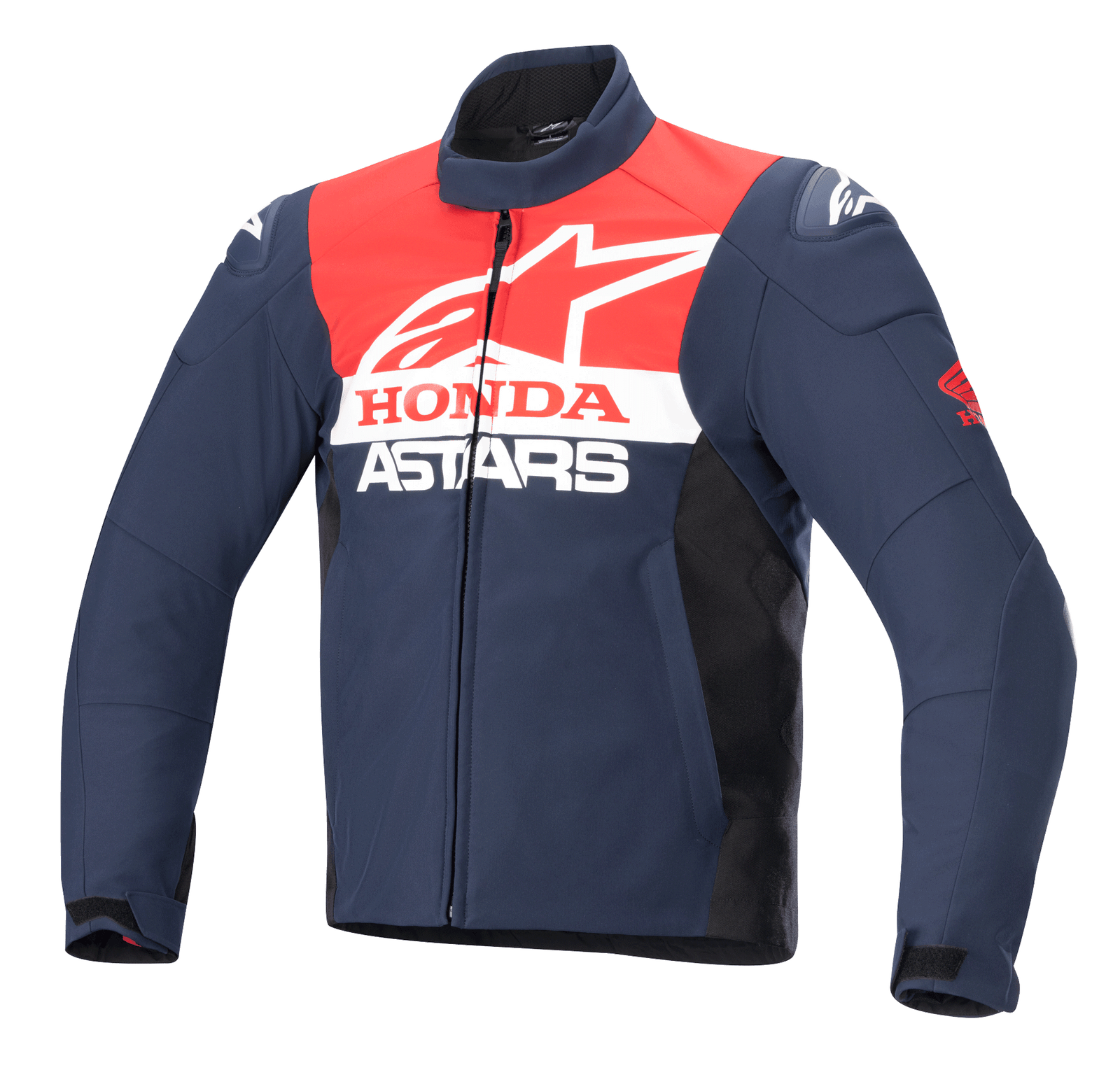 Alpinestars Honda SMX Waterproof Softshell Jacket, Motorcycle Jacket, Night Navy, Black, and Bright Red, featuring white Alpinestars and Honda branding on the chest, high collar, front zipper, and sleek water-resistant textile material
