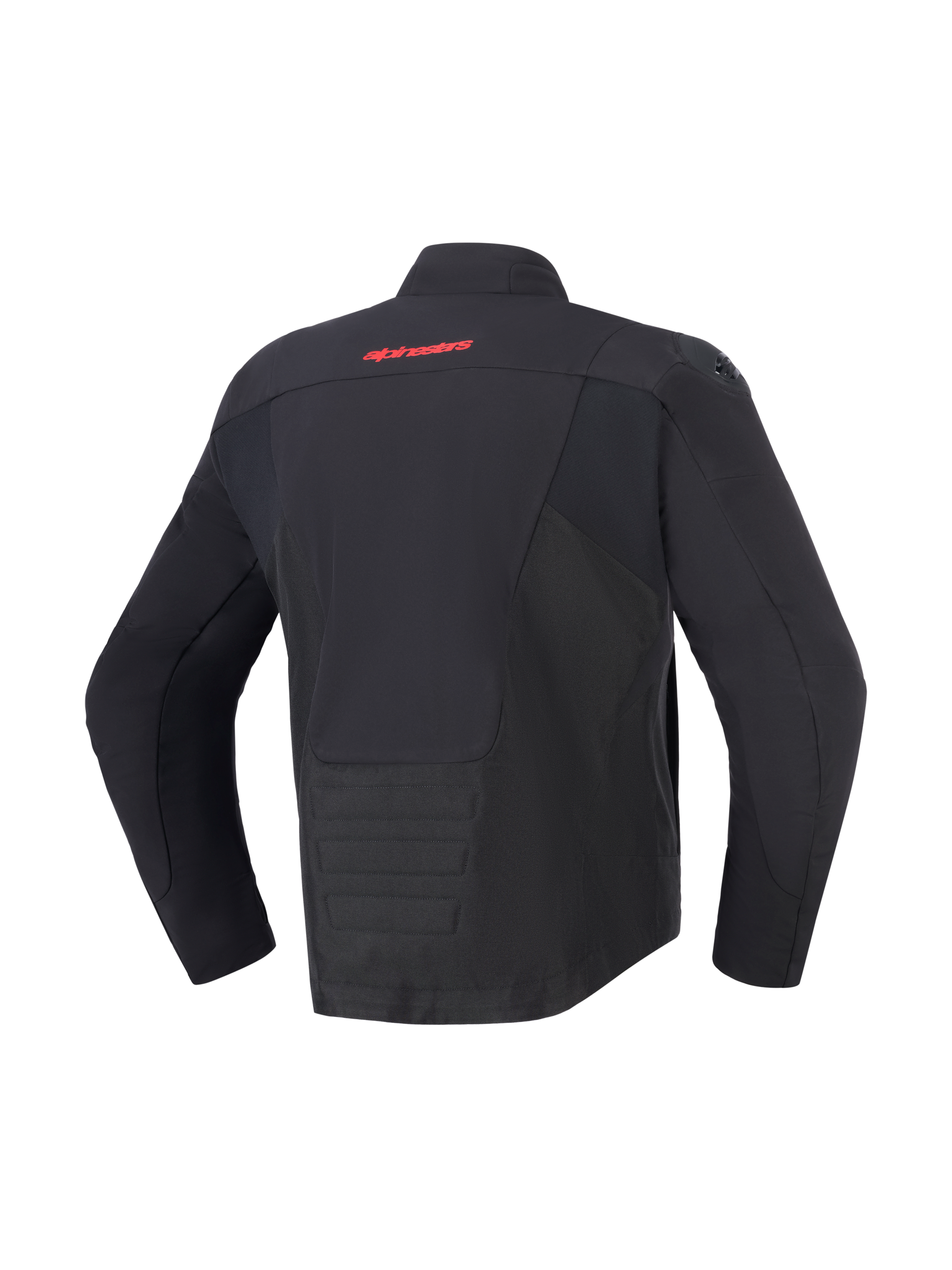 Alpinestars SMX Waterproof Jacket, Black, back view featuring red Alpinestars logo on upper back, elongated rear hem for coverage, textile and softshell paneling, protective motorcycle gear for road and sport riding.