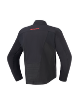 Alpinestars SMX Waterproof Jacket, Black, back view featuring red Alpinestars logo on upper back, elongated rear hem for coverage, textile and softshell paneling, protective motorcycle gear for road and sport riding.