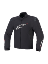 Alpinestars SMX Waterproof Jacket in Black White and Bright Red, front view showing textile construction, large white Astar chest logo with red speed lines, external DFS lite shoulder sliders, and Alpinestars branding on the sleeves.