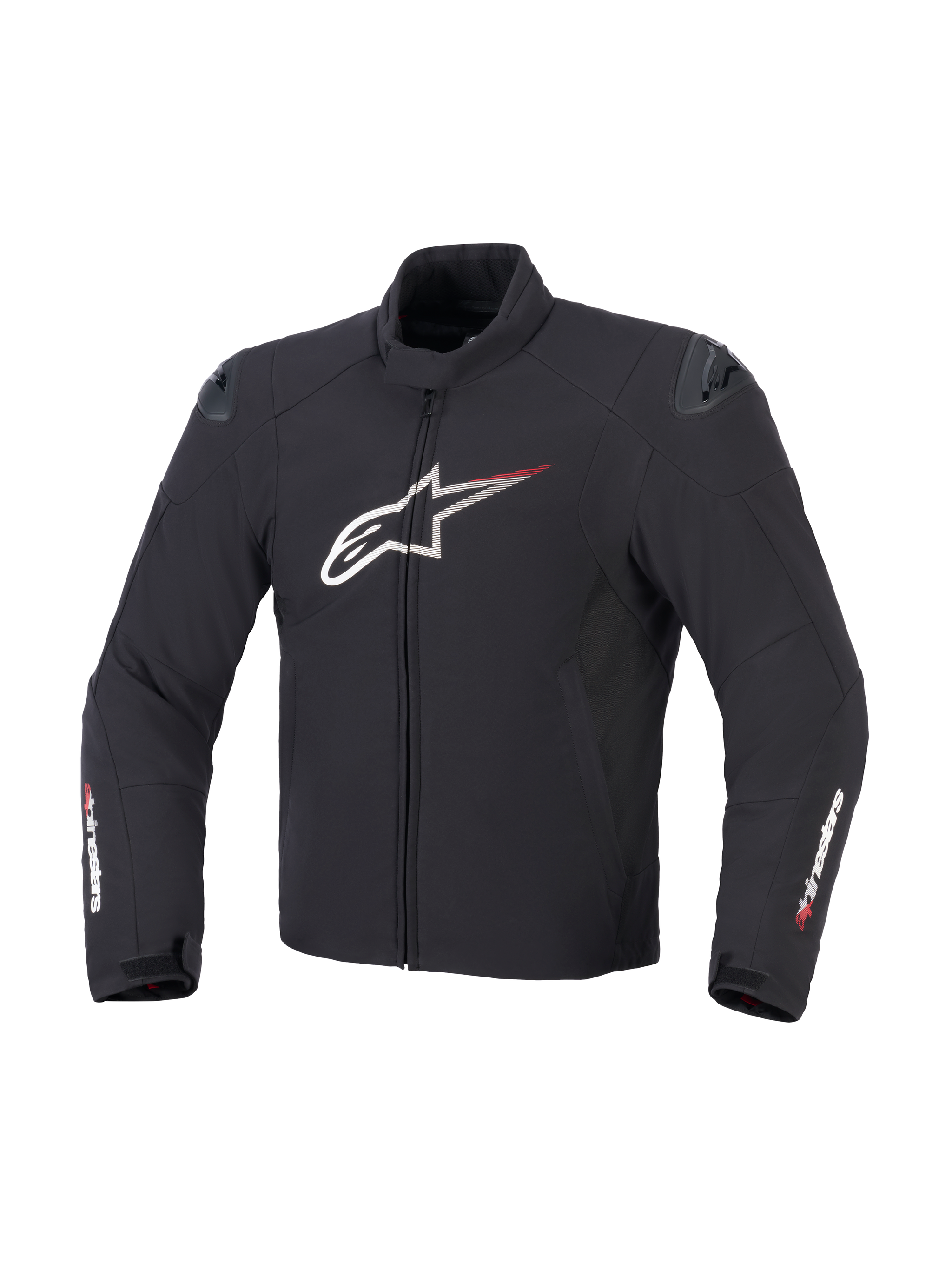 Alpinestars SMX Waterproof Jacket in Black White and Bright Red, front view showing textile construction, large white Astar chest logo with red speed lines, external DFS lite shoulder sliders, and Alpinestars branding on the sleeves.