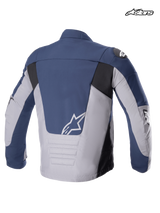 Alpinestars SMX Waterproof Jacket, men's textile motorcycle jacket, rear view showing night navy, dark gray, and black colorway, elongated lower back, and white A-star logo