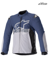 Alpinestars SMX Waterproof Jacket, men's motorcycle racing and sport textile jacket in night navy and dark gray, front view showing waterproof construction and shoulder armor shields