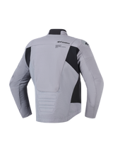 Alpinestars SMX Waterproof Jacket in Dark Gray Black, rear view showing textile and softshell construction, Alpinestars logo and graphic on the upper back, black side panels, and elongated rear profile for riding coverage, sporty motorcycle road jacket.