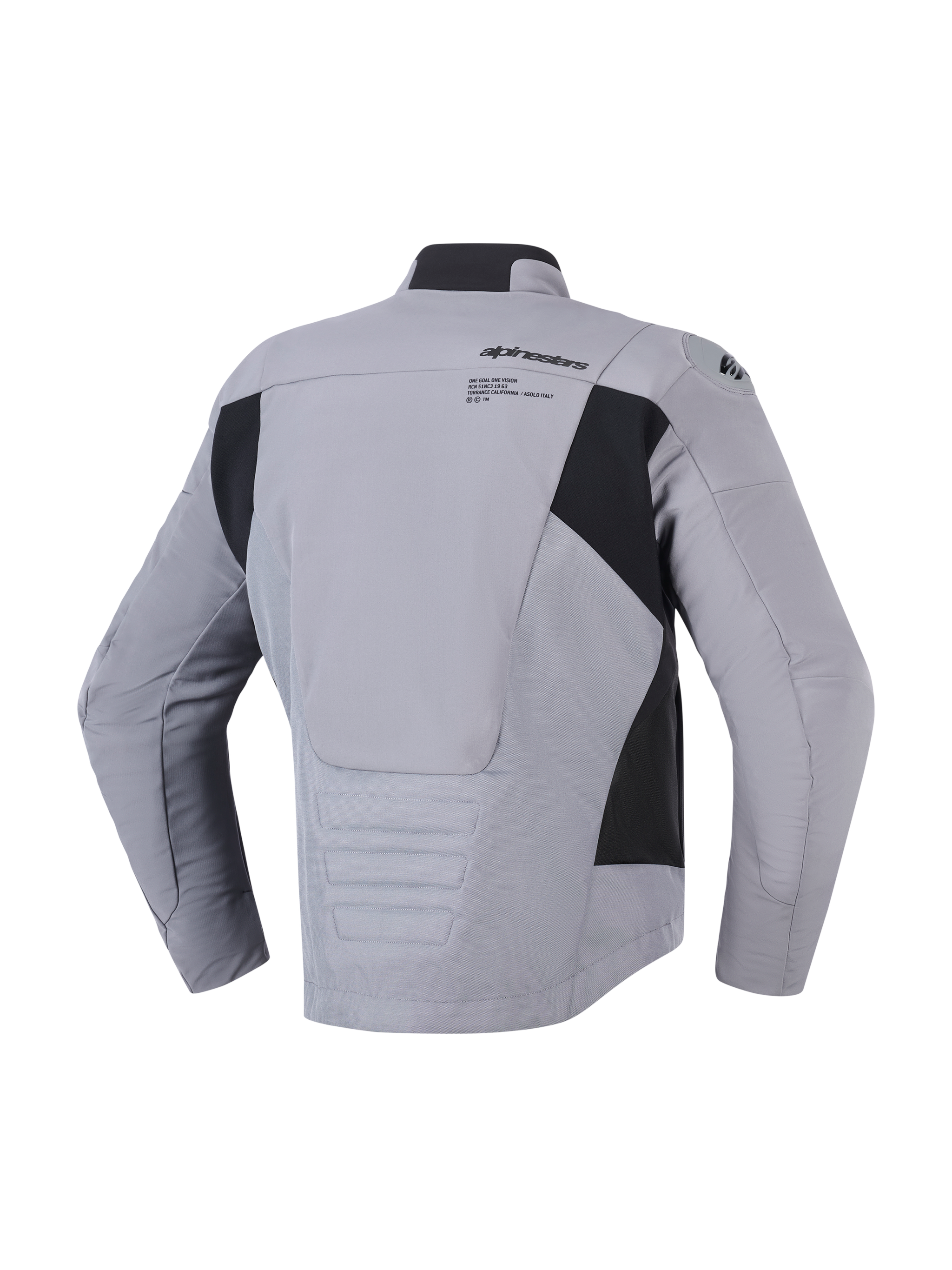 Alpinestars SMX Waterproof Jacket in Dark Gray Black, rear view showing textile and softshell construction, Alpinestars logo and graphic on the upper back, black side panels, and elongated rear profile for riding coverage, sporty motorcycle road jacket.