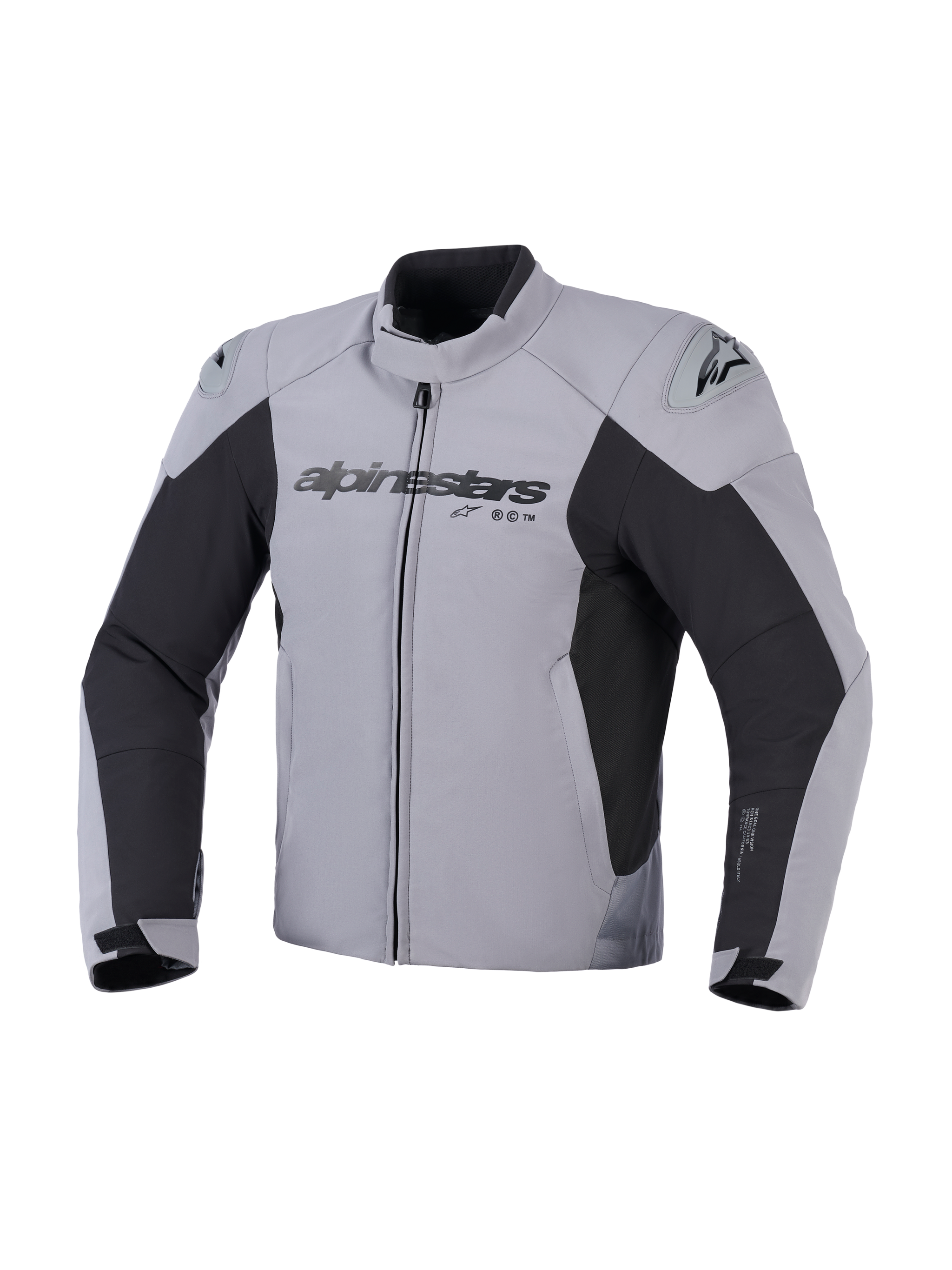 Alpinestars SMX Waterproof Jacket, Motorcycle Riding Jacket, Dark Gray and Black, front view featuring Alpinestars logo on chest and DFS Lite shoulder sliders, sport fit textile design for road riding