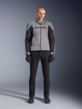 Alpinestars SMX Waterproof Jacket, Dark Gray and Black, front view worn by a male model, textile sport motorcycle jacket featuring black side panels and Alpinestars branding on the chest, paired with black riding pants and gloves.