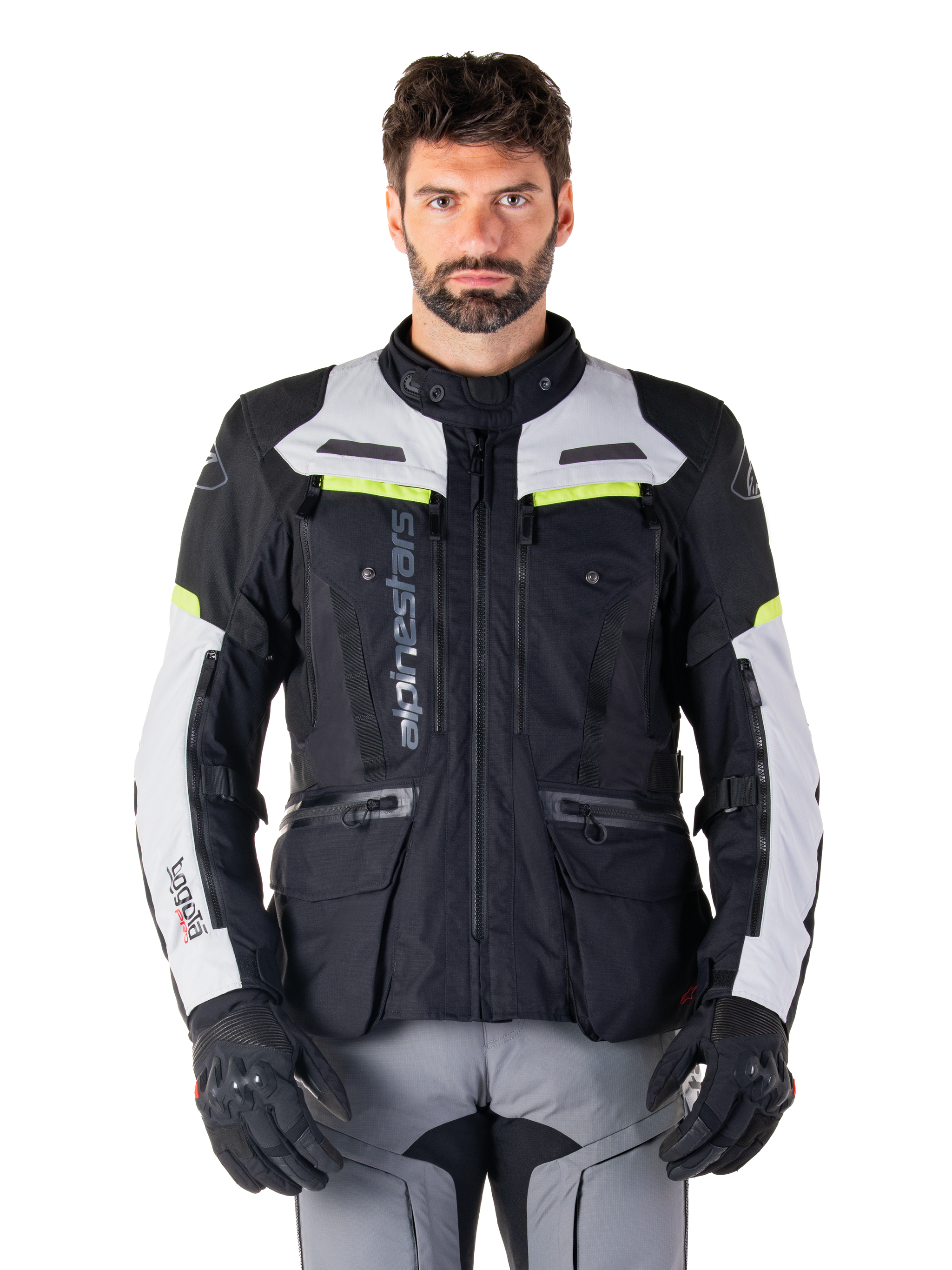 Alpinestars Bogotá Pro Drystar® Jacket, men's adventure touring jacket in black and gray with yellow fluo accents.