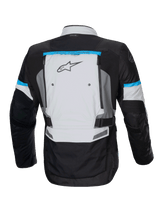 Alpinestars Bogotá Pro Drystar Jacket, adventure motorcycle jacket in ice gray and black with cyan accents and back vents.