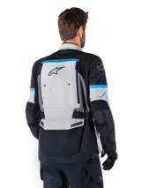 Alpinestars Bogota' Pro Drystar® Jacket, Adventure Motorcycle Jacket, Men, Ice Gray and Black with Cyan, textile, back view.