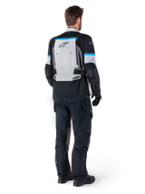 Alpinestars Bogota' Pro Drystar® Men's Jacket, adventure touring motorcycle jacket, Ice Gray, Black, Cyan, rear view.