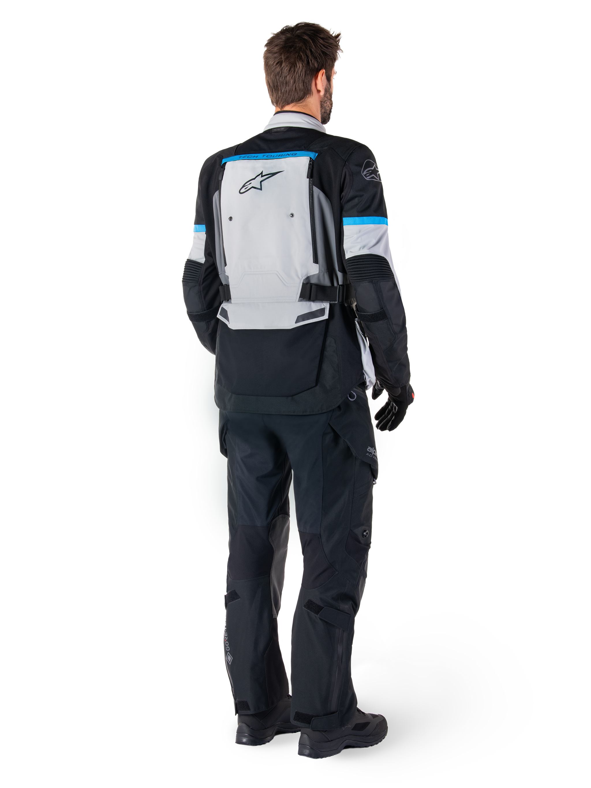 Alpinestars Bogota' Pro Drystar® Men's Jacket, adventure touring motorcycle jacket, Ice Gray, Black, Cyan, rear view.