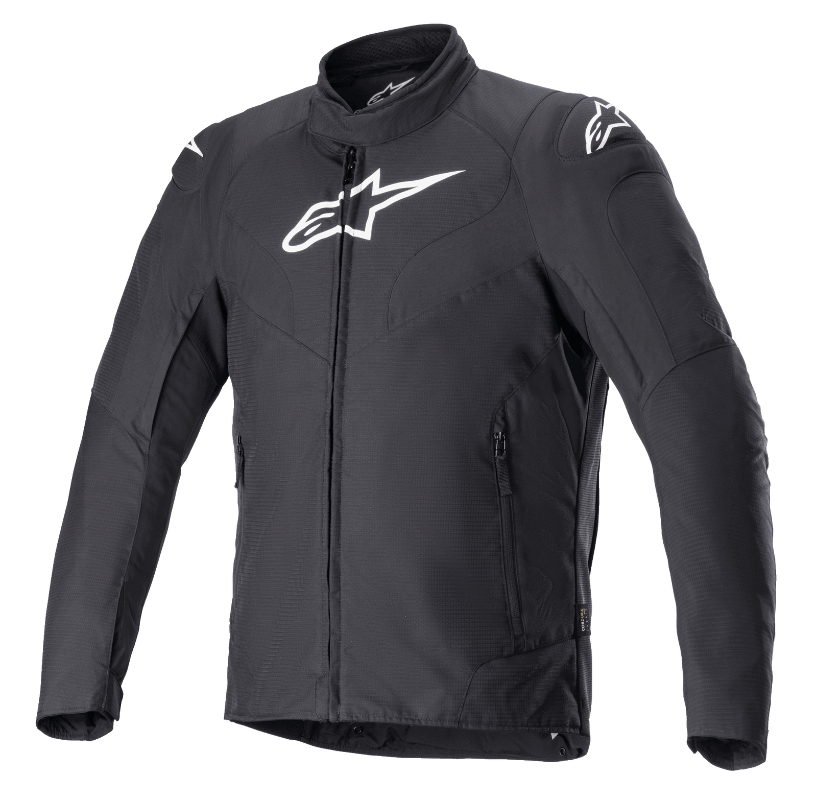 Alpinestars RX-3 Waterproof Jacket, Black Motorcycle Jacket, Technical Ripstop CORDURA Construction, High Collar with Full-Length Zipper, Side Zippered Pockets, White Alpinestars Logos on Chest and Shoulders, Sleek Fit for Road Performance