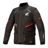 Honda Andes V3 Drystar Jacket, Motorcycle Touring Jacket, Black with Red Accents, front view featuring large cargo pockets and adjustable straps, technical textile construction with Honda wing and Alpinestars logos, adventure-inspired design