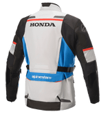 Alpinestars Honda Andes V3 Drystar® Jacket, Textile Adventure Touring Jacket, Ice Gray Blue Bright Red, Rear view with Honda and Alpinestars logos, featuring black sleeves, blue accents, and adjustable waist straps