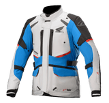 Alpinestars Honda Andes V3 Drystar® Jacket, Motorcycle Touring Jacket, Ice Gray Blue and Bright Red, waterproof design with high collar, multiple zippered vents, cargo pockets, and adjustable straps, featuring Honda branding