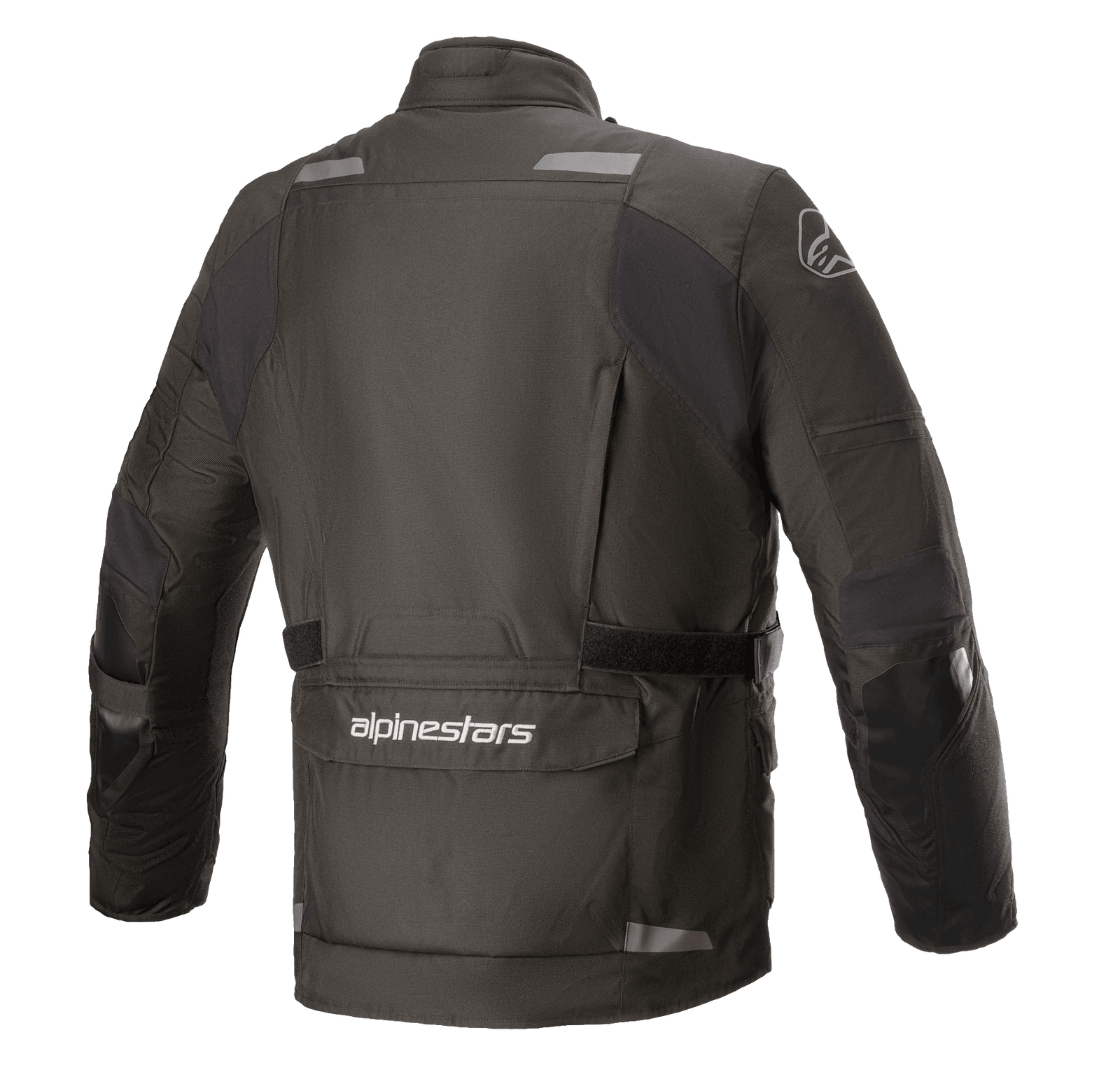 Alpinestars Andes V3 Drystar® Jacket, Motorcycle Jacket, Black, back view featuring a large lower utility pocket with Alpinestars branding, reflective accents on shoulders, and adjustable waist belt, durable textile design for adventure touring