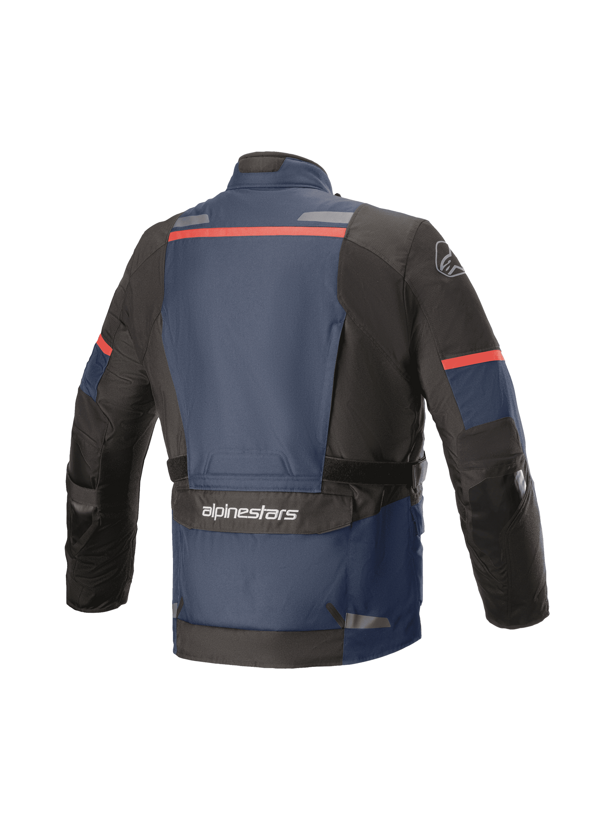 Alpinestars Andes V3 Drystar® Jacket, Adventure Touring Motorcycle Jacket, Rear View, Dark Blue and Black with Red accents, featuring a large lower back utility pocket with Alpinestars branding, reflective strips on the upper back, and reinforced elbow sections.