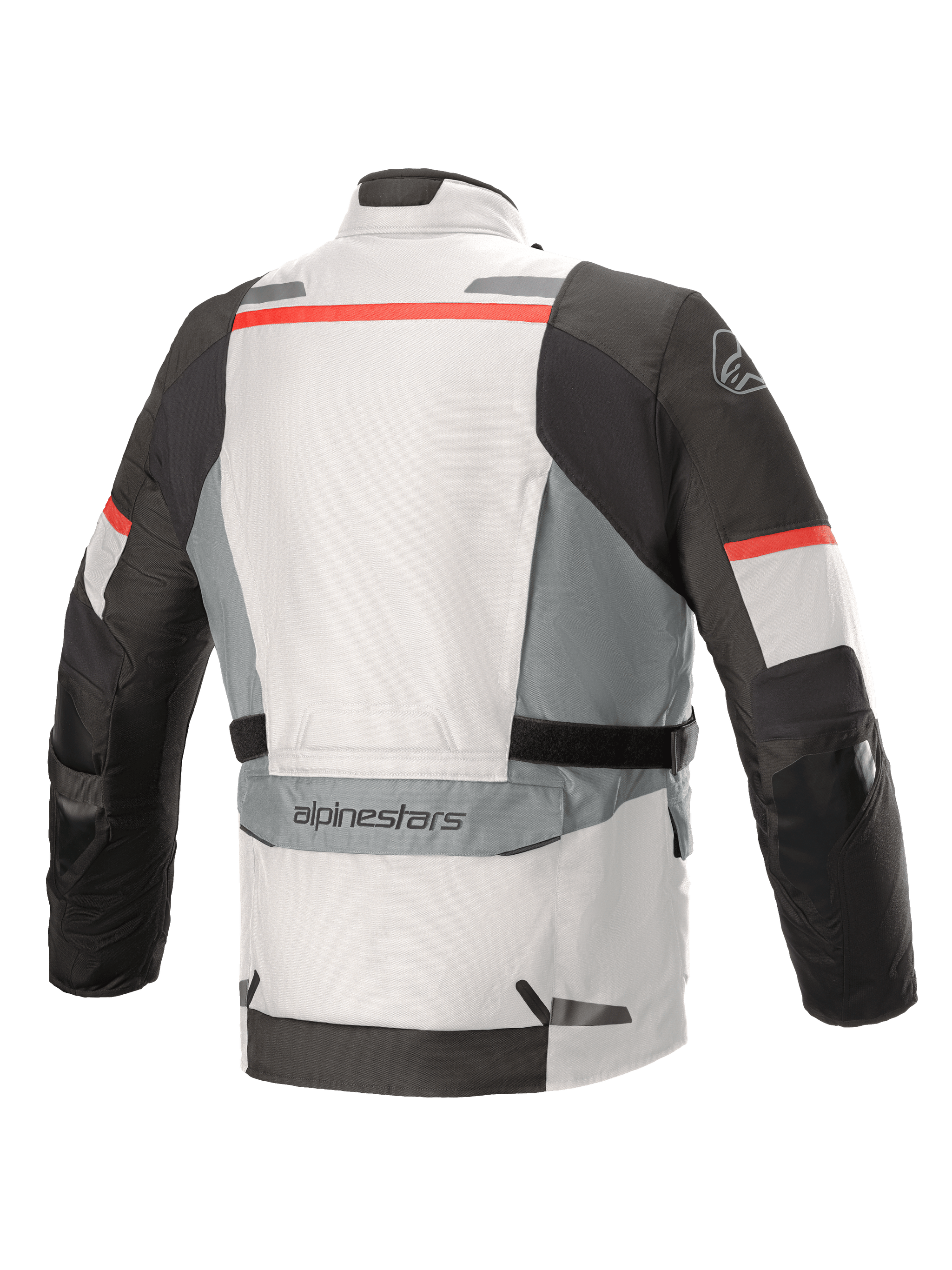 Alpinestars Andes V3 Drystar® Jacket, Ice Gray and Dark Gray with red accents, back view featuring a large utility pocket on the lower back, adjustable waist straps, and reflective detailing on the shoulders and hem.