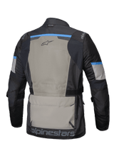 Alpinestars Andes Air Drystar Jacket, men's adventure touring motorcycle jacket, back view showcasing extensive 2D mesh ventilation and large storage pocket, Black, Laurel Gray, and Bright Blue, CE certified