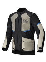 Alpinestars Andes Air Drystar Jacket, men's dual-season adventure touring motorcycle jacket, Black, Laurel Gray, and Bright Blue, featuring extensive mesh ventilation, waterproof detachable membrane, and CE Level 1 armor