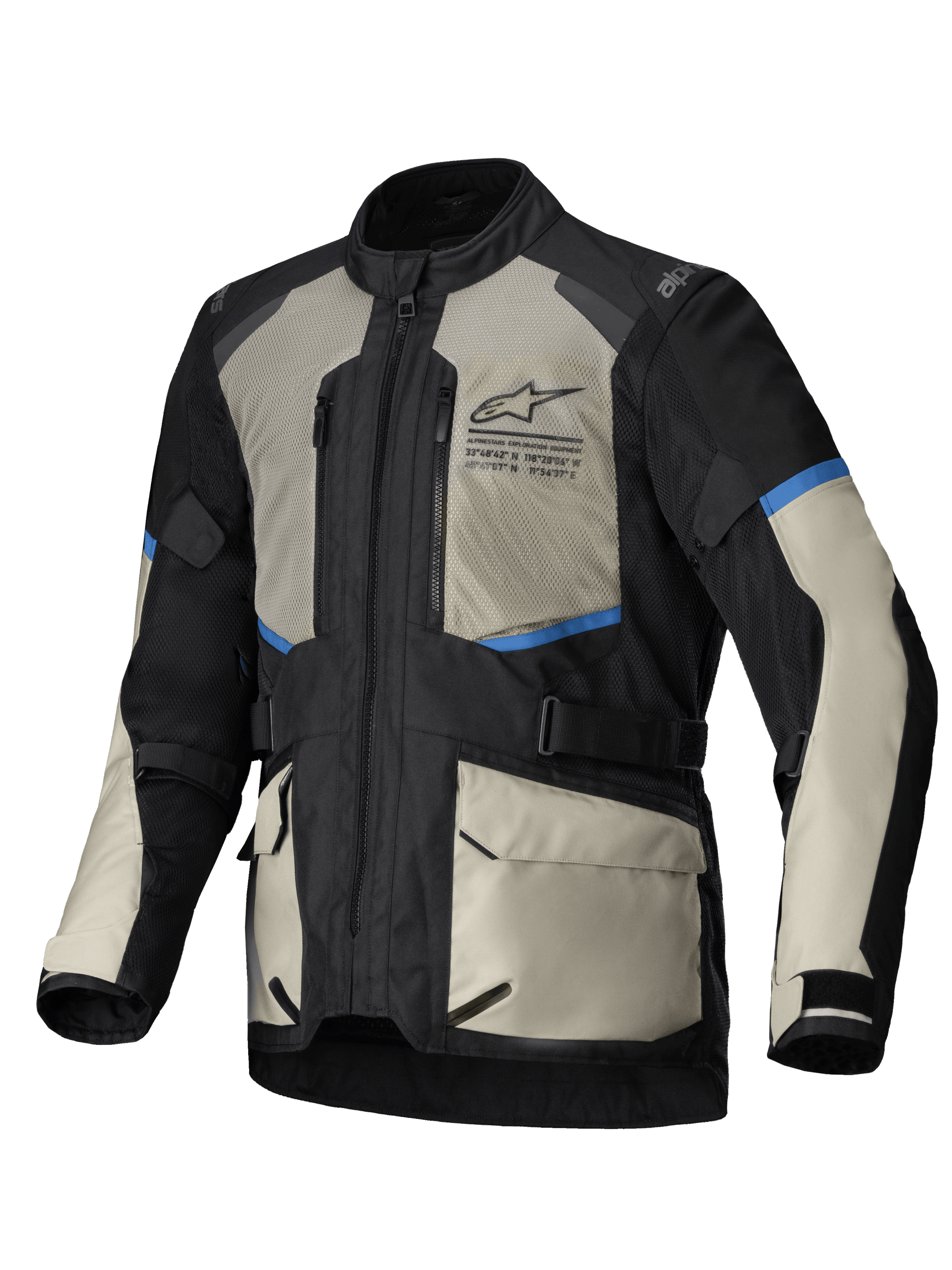 Alpinestars Andes Air Drystar Jacket, men's dual-season adventure touring motorcycle jacket, Black, Laurel Gray, and Bright Blue, featuring extensive mesh ventilation, waterproof detachable membrane, and CE Level 1 armor