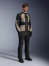 Alpinestars Andes Air Drystar® Jacket, Motorcycle Touring Jacket, Black Laurel Gray and Bright Blue, worn with matching riding pants and gloves, featuring extensive mesh panels for airflow and a road-oriented fit, adventure touring gear