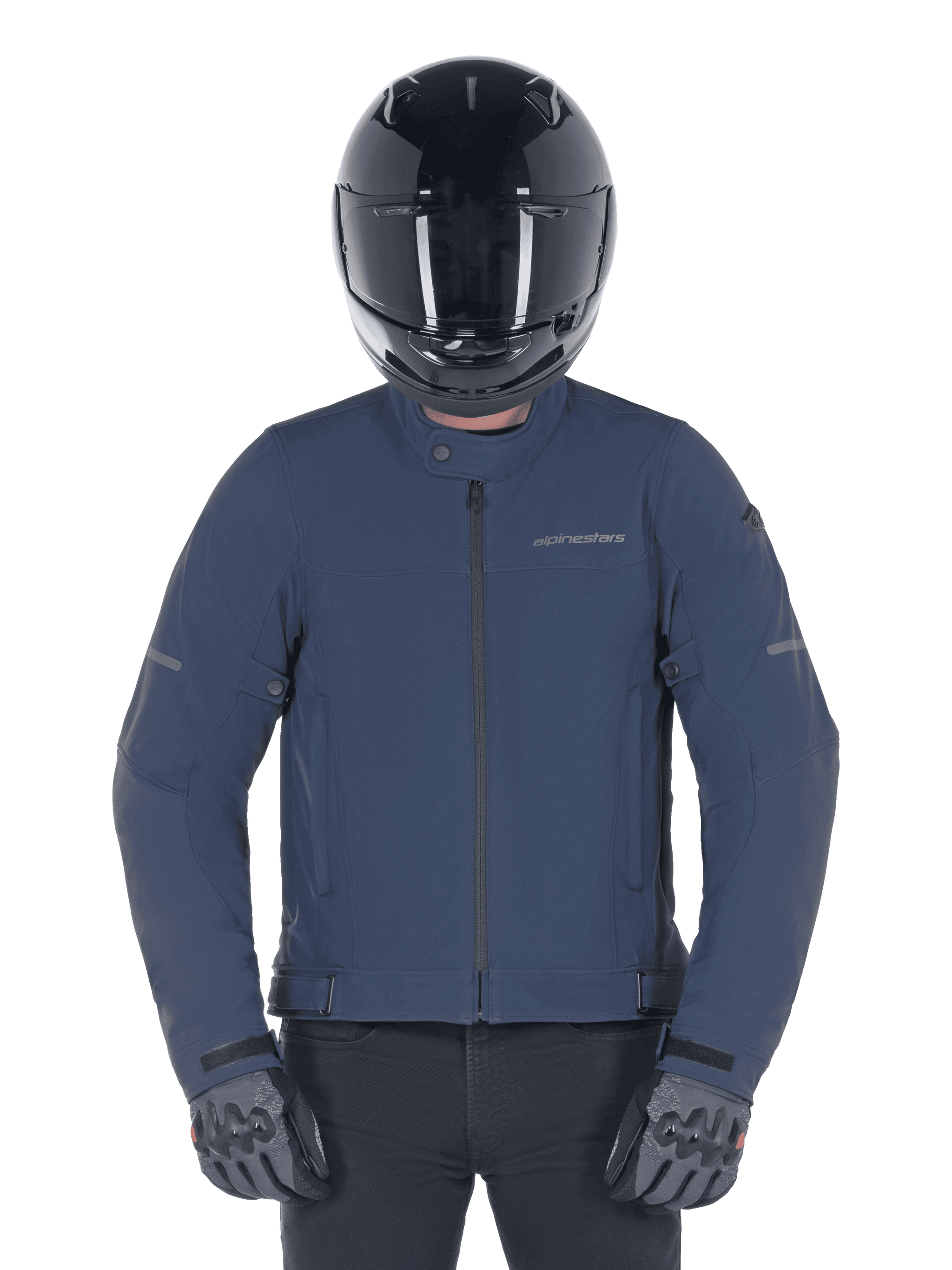 Alpinestars Husker Waterproof Jacket, Night Navy, urban motorcycle jacket worn with a black full-face helmet and grey gloves, featuring a technical softshell exterior and subtle branding