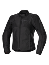 Alpinestars Stella T-Jaws V4 Waterproof Jacket, Women's Motorcycle Jacket, Black on Black, front zipper closure, ergonomic collar, subtle Alpinestars logo on the chest, durable textile construction with a racing-inspired sport fit