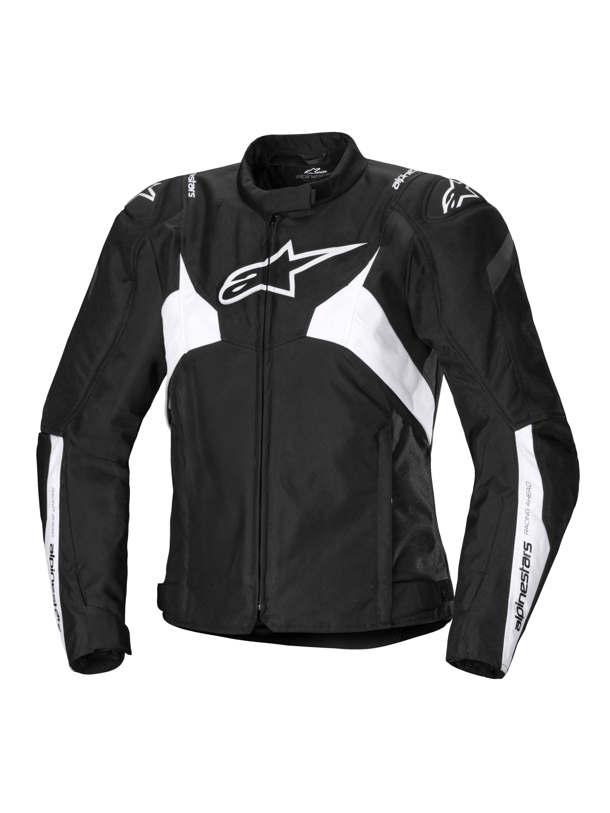 Alpinestars Stella T-Jaws V4 Waterproof Jacket, Women's Sport Motorcycle Jacket, Black and White, featuring a prominent white star logo on the chest, angular white panels on the torso and sleeves, and GP Lite shoulder reinforcements in a fitted 3D sport silhouette.