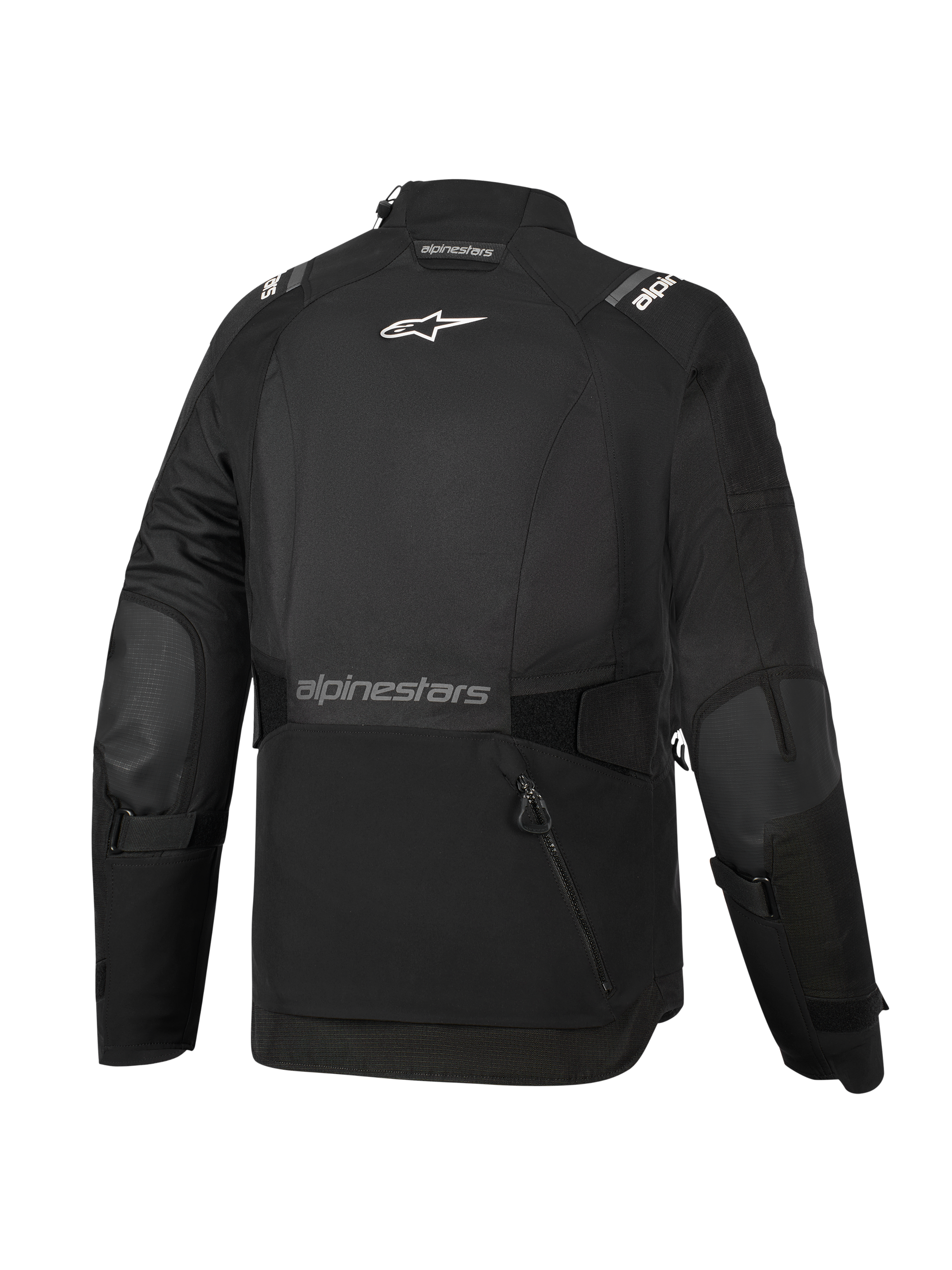 Alpinestars Woman Stella Andes V4 Drystar® Jacket, Black, back view, featuring a large rear storage pocket, white Alpinestars logo on upper back and text branding on lower back, adjustable waist and arm straps, durable textile adventure touring jacket