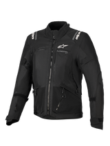 Alpinestars Stella Andes V4 Drystar® Jacket, Women's Motorcycle Jacket, Black, front view featuring white logos on the chest and shoulders, multi-panel textile design with zippers and reflective details, adventure-touring style