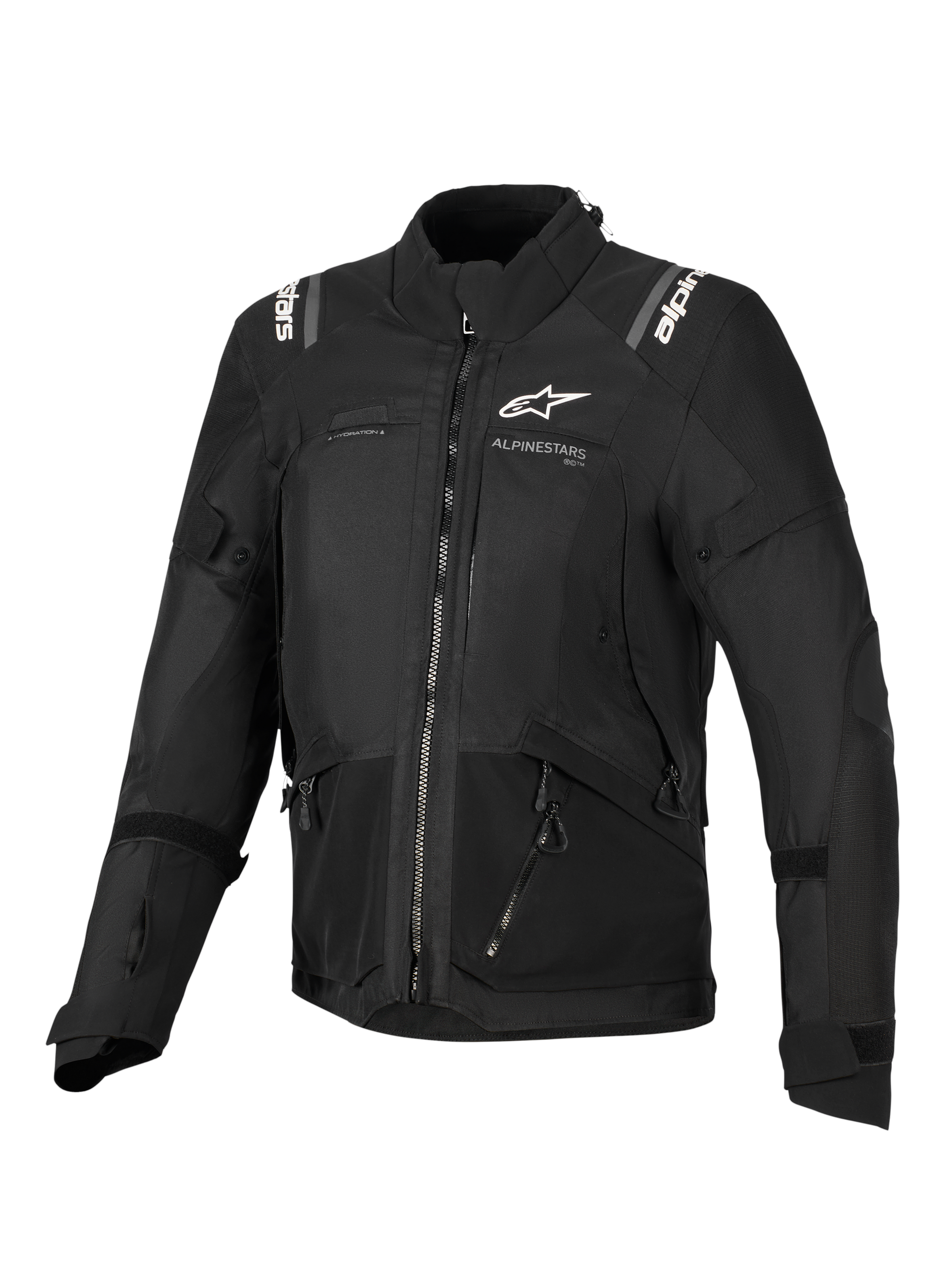 Alpinestars Stella Andes V4 Drystar® Jacket, Women's Motorcycle Jacket, Black, front view featuring white logos on the chest and shoulders, multi-panel textile design with zippers and reflective details, adventure-touring style