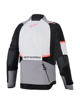 Alpinestars Stella Andes V4 Drystar® Jacket, Women's Motorcycle Jacket, Dark Gray, Ice Gray, and Black with Coral Fluo, back view showing rear compartment and reflective logo details