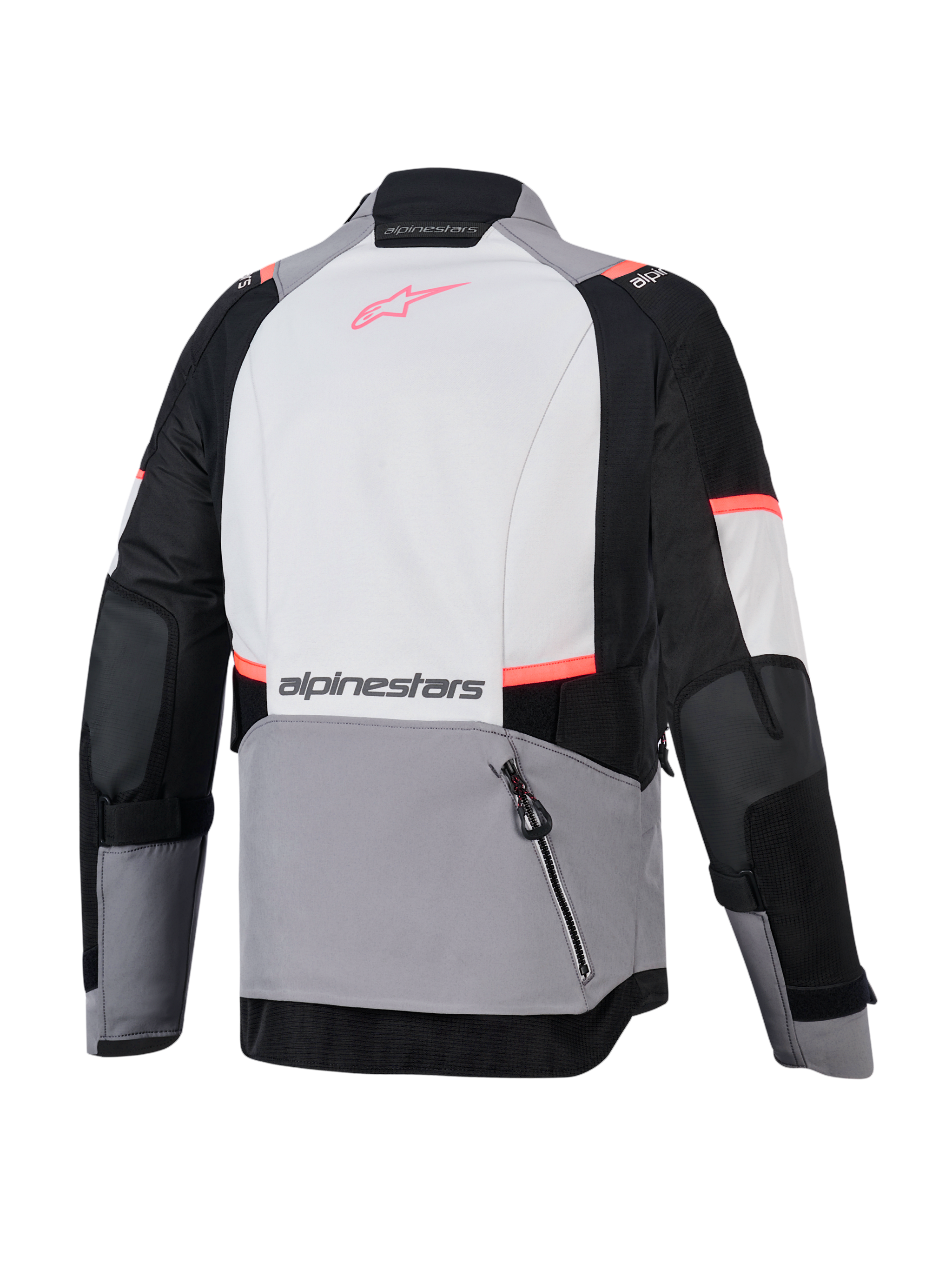 Alpinestars Stella Andes V4 Drystar® Jacket, Women's Motorcycle Jacket, Dark Gray, Ice Gray, and Black with Coral Fluo, back view showing rear compartment and reflective logo details
