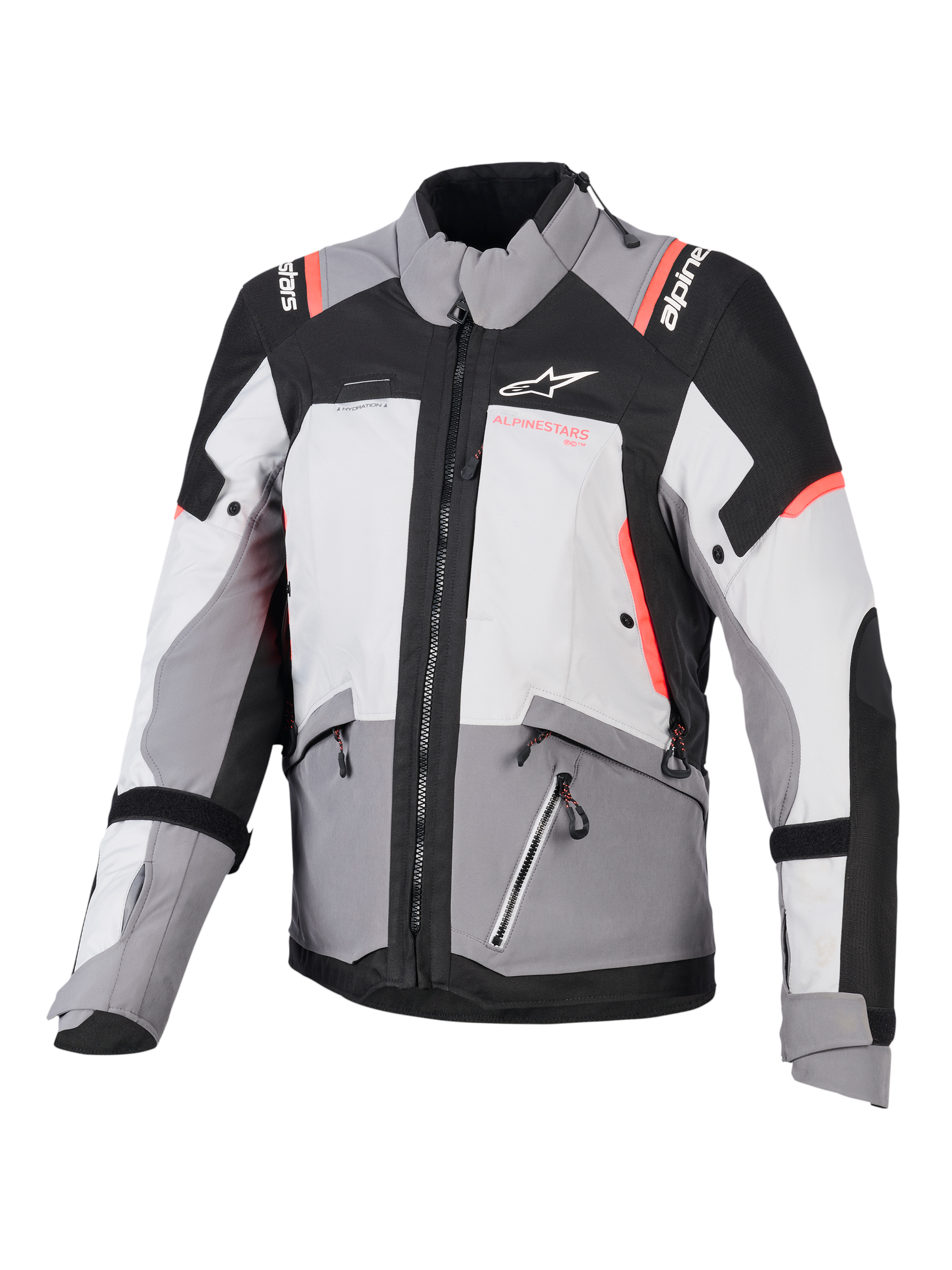 Alpinestars Woman Stella Andes V4 Drystar® Jacket, Dark Gray, Ice Gray, and Black with Coral Fluo accents, front-facing view, technical adventure touring textile design with waterproof zippers and prominent branding on the chest and shoulders