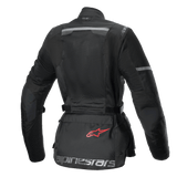 Alpinestars Stella Andes Air Drystar Jacket, women's touring motorcycle jacket, back view, black, featuring extensive mesh panels, ripstop reinforcements, and a lower-back storage pouch with a red logo