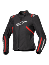 Alpinestars Stella T-SPS V2 Waterproof Jacket, Women's Sport Motorcycle Jacket, Black with Red Stripes and White Logos, race-inspired fitted design, featuring a high collar and front zipper