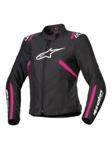 Alpinestars Stella T-SPS V2 Waterproof Jacket, Women's Textile Motorcycle Jacket, Black with Diva Pink and White accents, features large white Alpinestars logo on chest, pink stripes on torso and sleeves, white branding on forearms, sporty fitted design for all-weather riding