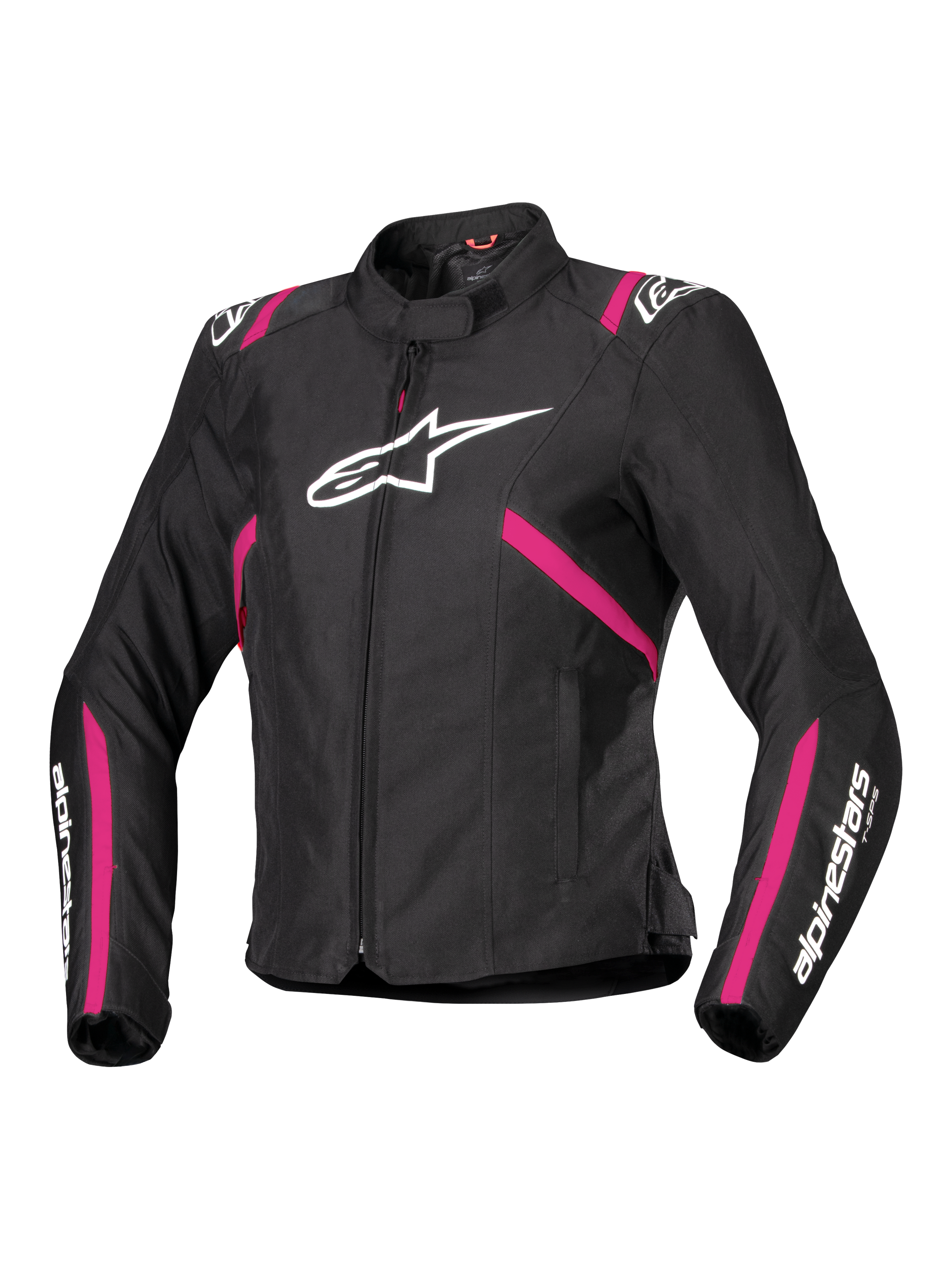 Alpinestars Stella T-SPS V2 Waterproof Jacket, Women's Textile Motorcycle Jacket, Black with Diva Pink and White accents, features large white Alpinestars logo on chest, pink stripes on torso and sleeves, white branding on forearms, sporty fitted design for all-weather riding
