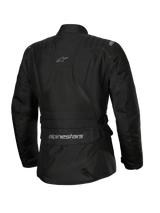 Alpinestars Stella ST-1 Waterproof Jacket, Women's Motorcycle Jacket, Black, rear view featuring a large lower back cargo pocket with logo, adventure touring design with subtle branding on the upper back, durable waterproof textile construction.