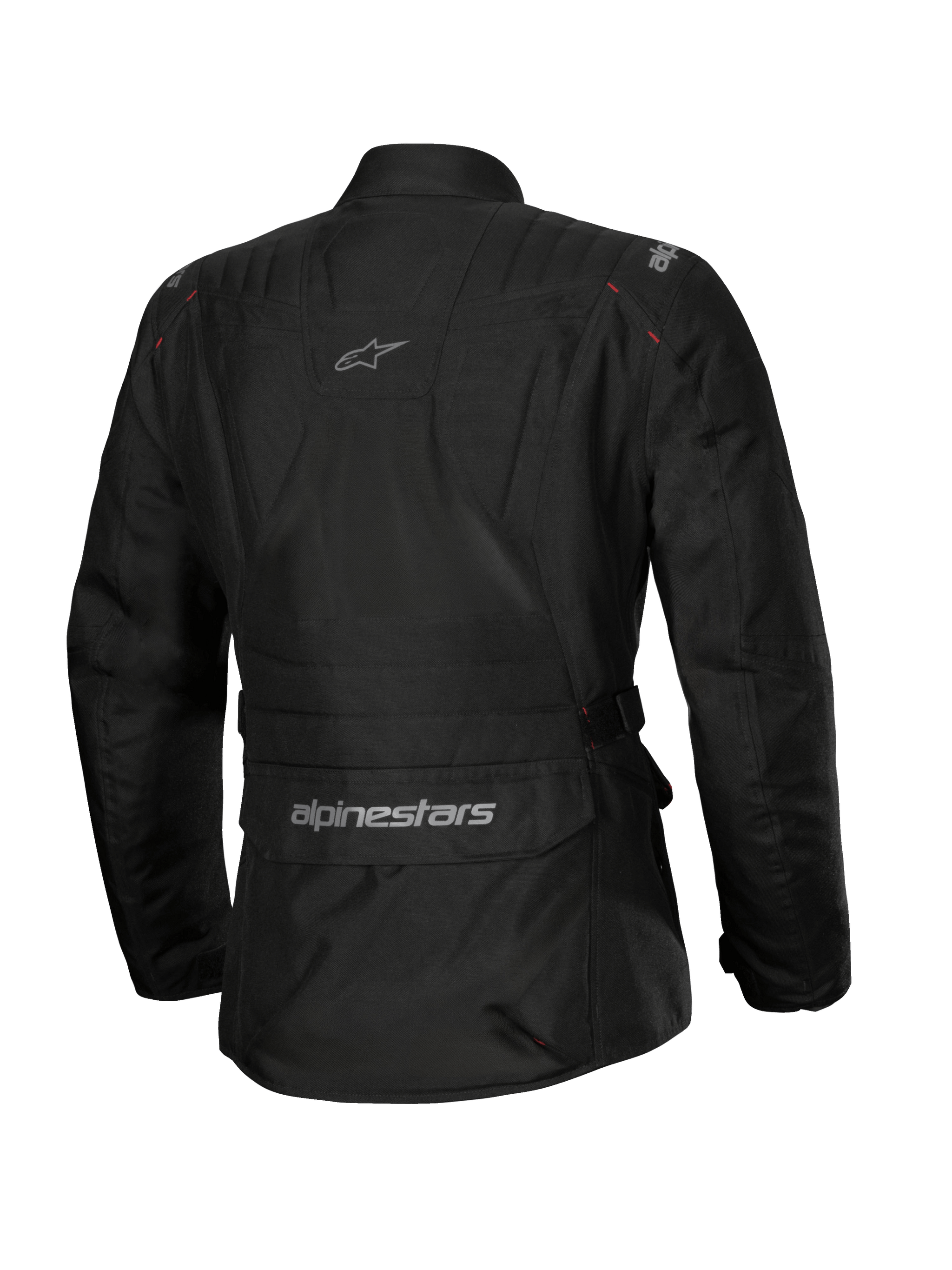 Alpinestars Stella ST-1 Waterproof Jacket, Women's Motorcycle Jacket, Black, rear view featuring a large lower back cargo pocket with logo, adventure touring design with subtle branding on the upper back, durable waterproof textile construction.