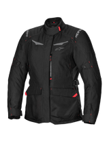 Alpinestars Stella ST-1 Waterproof Jacket, Women's Motorcycle Touring Jacket, Black with Red Accents, High Collar, Front Zipper, Large Waist Cargo Pockets, Adjustable Waist and Cuff Straps, Weather-Resistant Construction