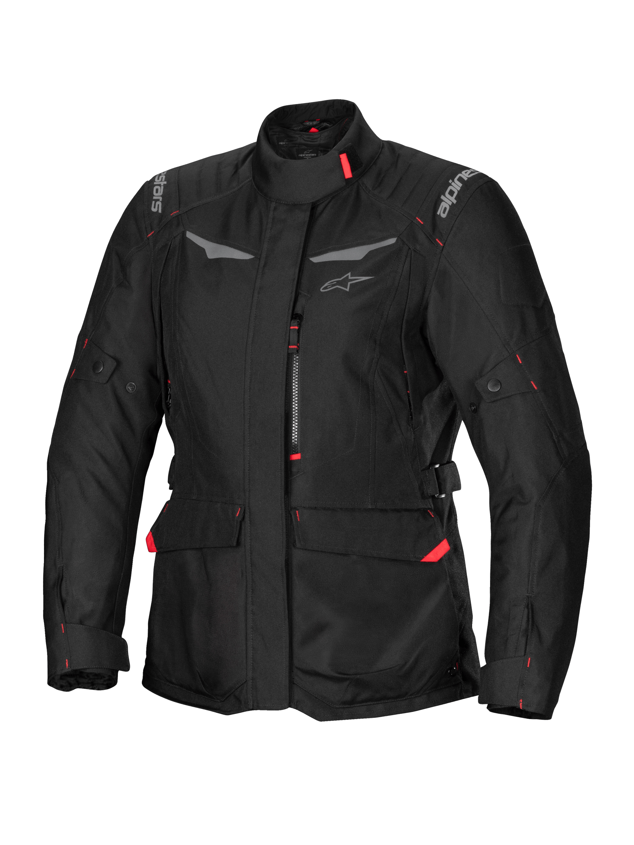 Alpinestars Stella ST-1 Waterproof Jacket, Women's Motorcycle Touring Jacket, Black with Red Accents, High Collar, Front Zipper, Large Waist Cargo Pockets, Adjustable Waist and Cuff Straps, Weather-Resistant Construction