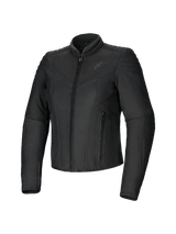 Alpinestars Isla WR Women's Jacket, Black, slim-fit textile motorcycle jacket, matte finish with quilted accents on shoulders and forearms, front zipper closure, two zippered pockets, high biker collar, contemporary urban riding gear