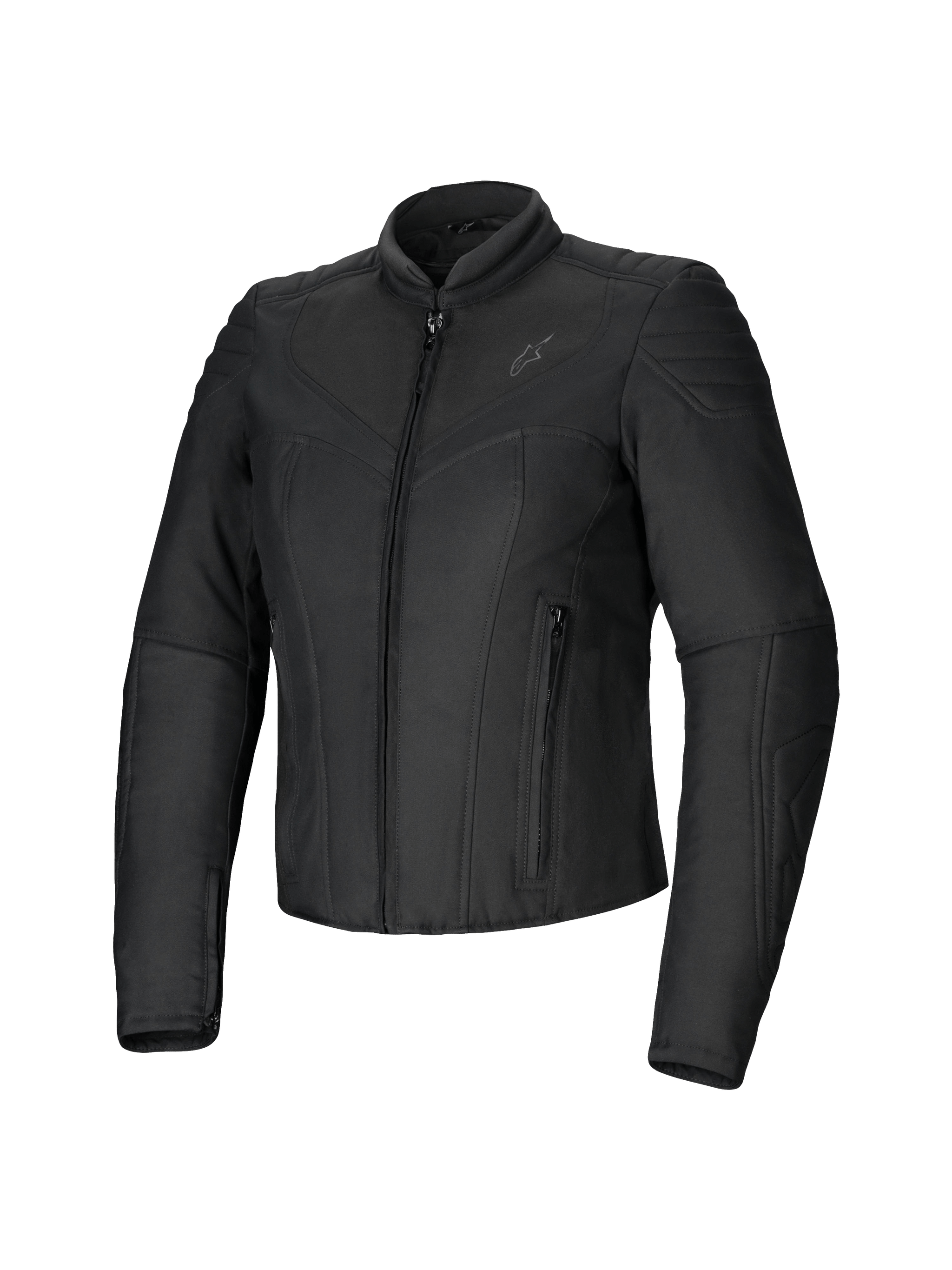 Alpinestars Isla WR Women's Jacket, Black, slim-fit textile motorcycle jacket, matte finish with quilted accents on shoulders and forearms, front zipper closure, two zippered pockets, high biker collar, contemporary urban riding gear
