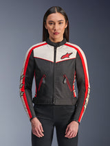 Alpinestars Stella T-Dyno WR Jacket, Women's Textile Motorcycle Jacket, Black, Ecru and Bright Red, vintage-inspired design with front zipper, red sleeve stripes featuring star logos, and zippered pockets with red trim.