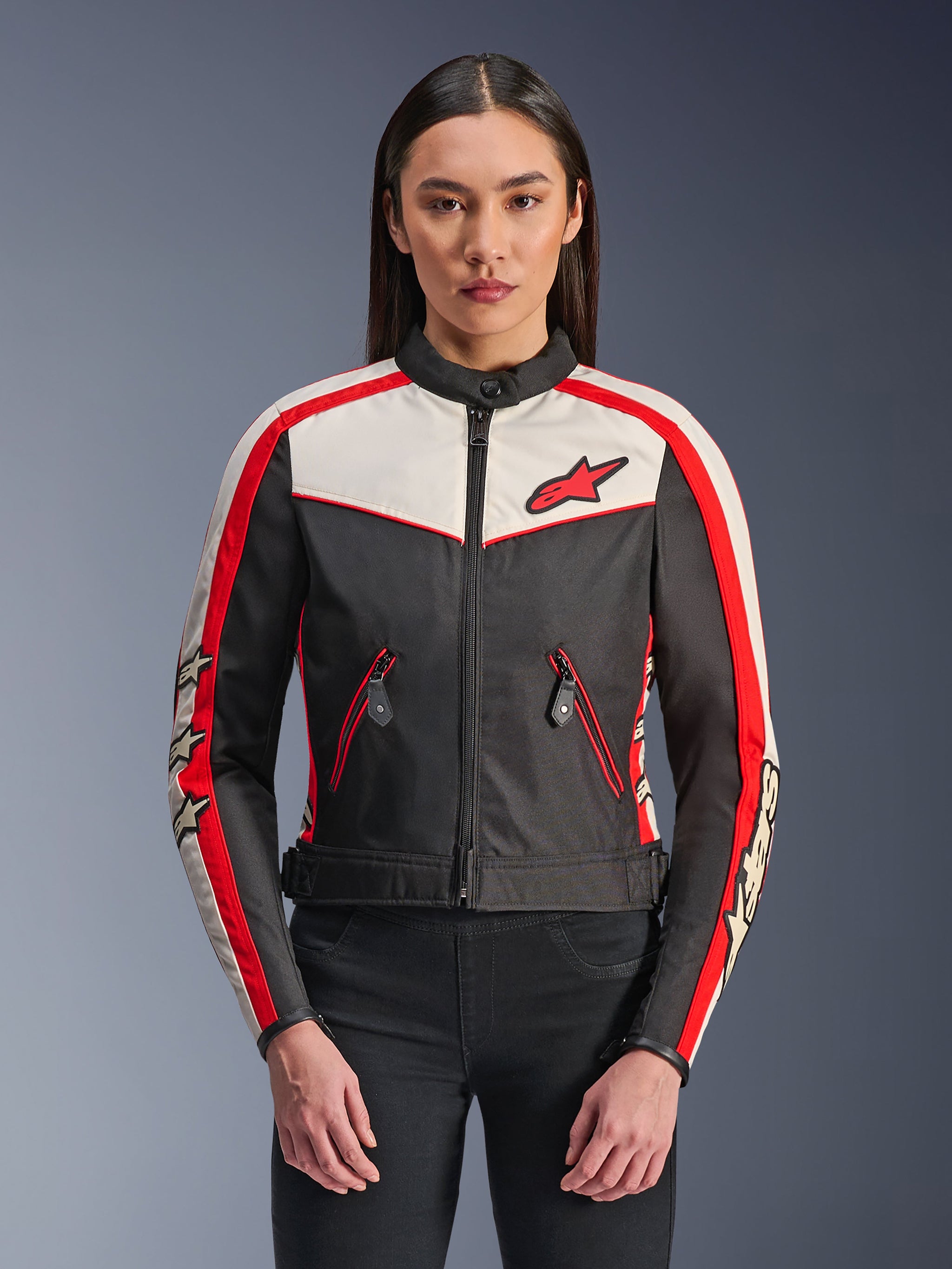 Alpinestars Stella T-Dyno WR Jacket, Women's Textile Motorcycle Jacket, Black, Ecru and Bright Red, vintage-inspired design with front zipper, red sleeve stripes featuring star logos, and zippered pockets with red trim.